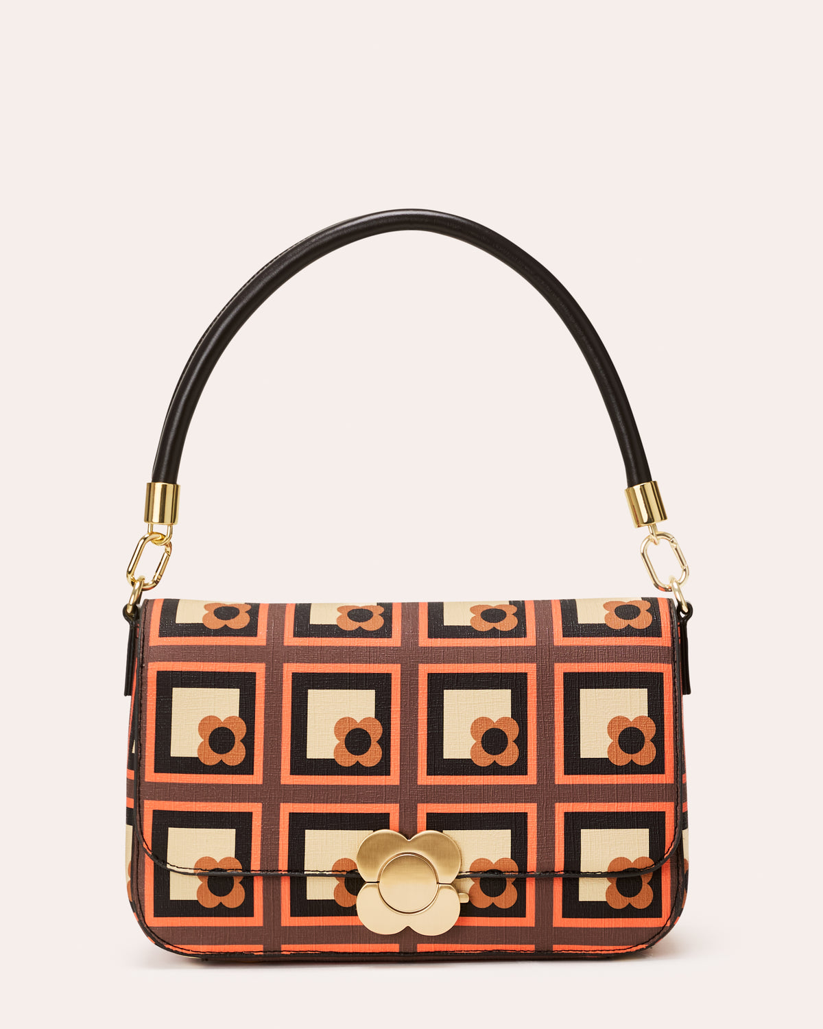 Large Vera Shoulder Bag - Retro Flower Check Orange