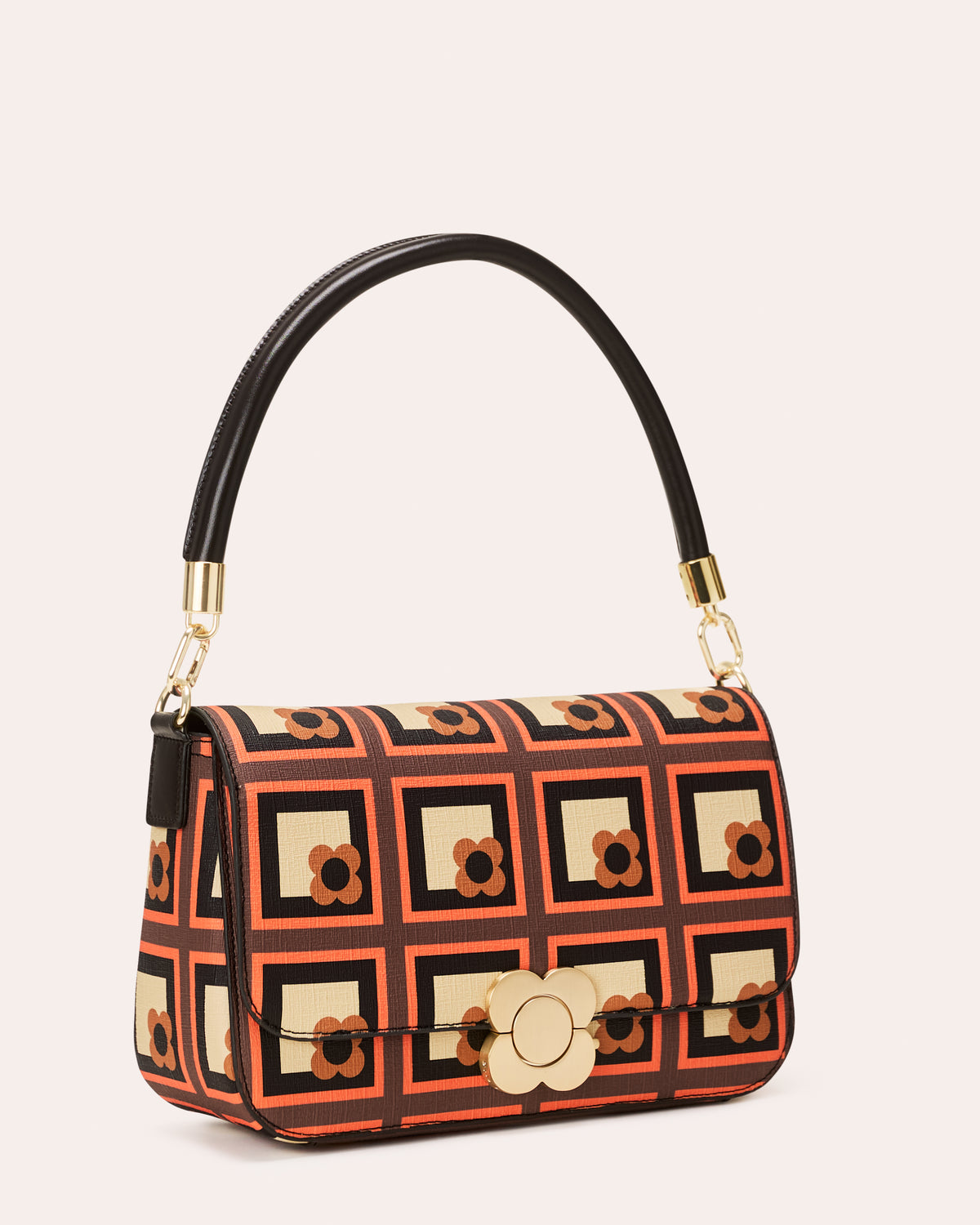 Large Vera Shoulder Bag - Retro Flower Check Orange