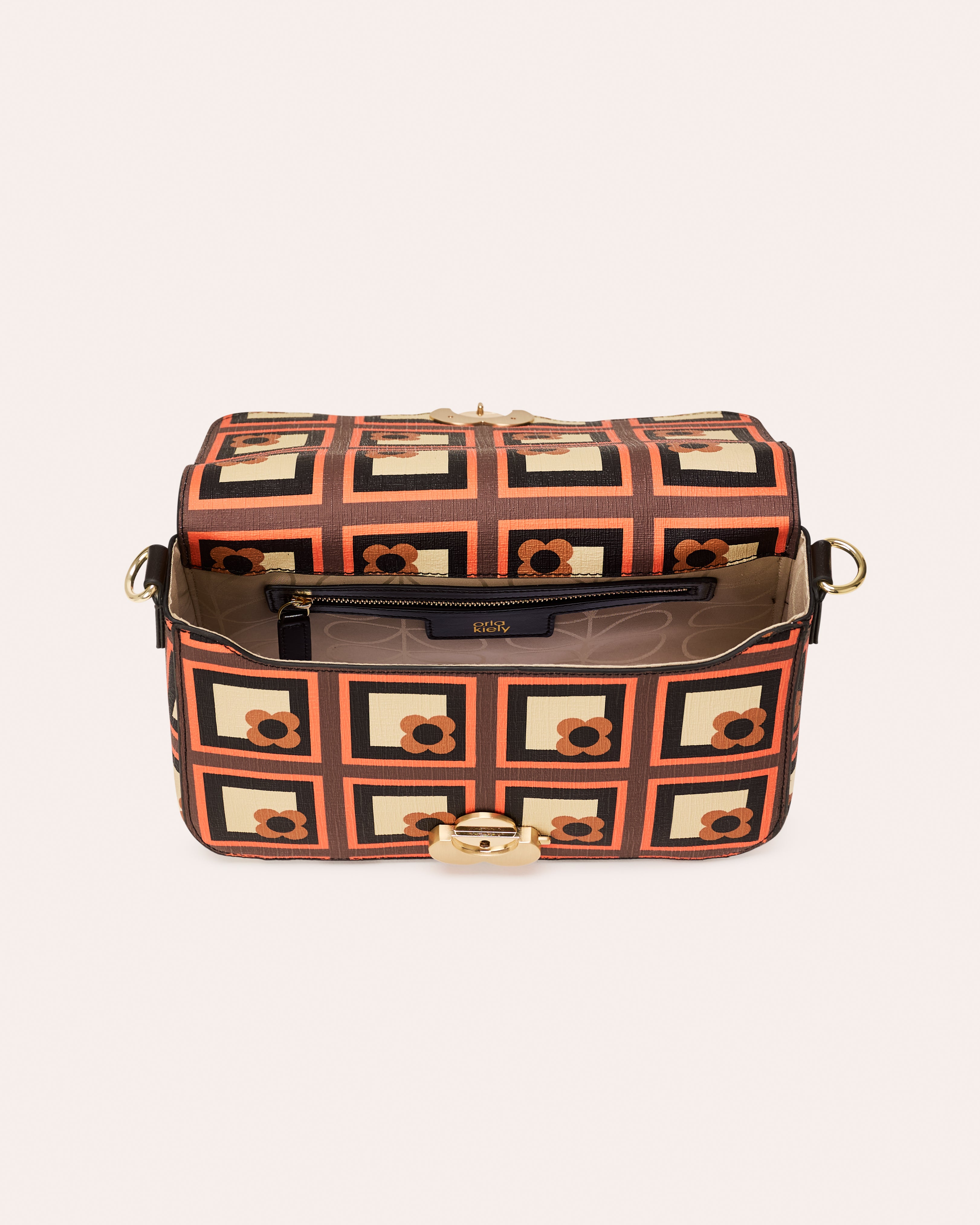 Large Vera Shoulder Bag - Retro Flower Check Orange