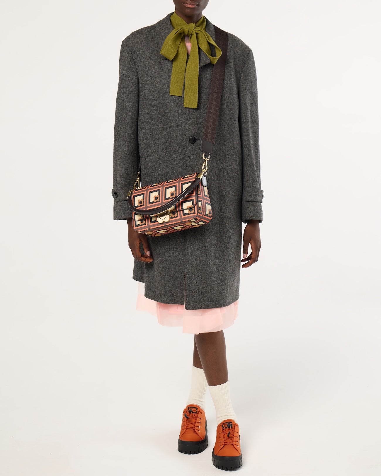 Large Vera Shoulder Bag - Retro Flower Check Orange