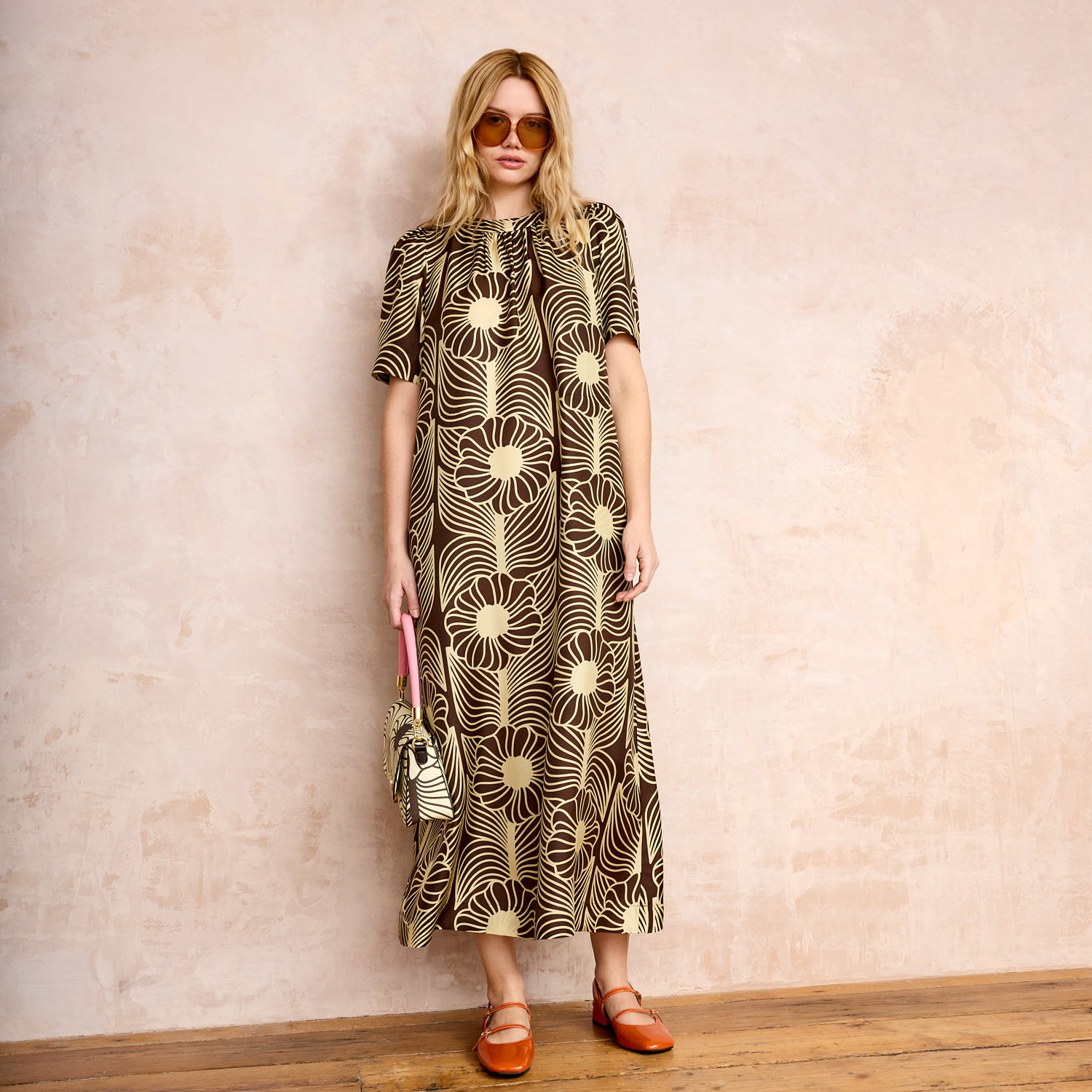Orla Short Sleeve Belted Silk Dress Moonflower Walnut
