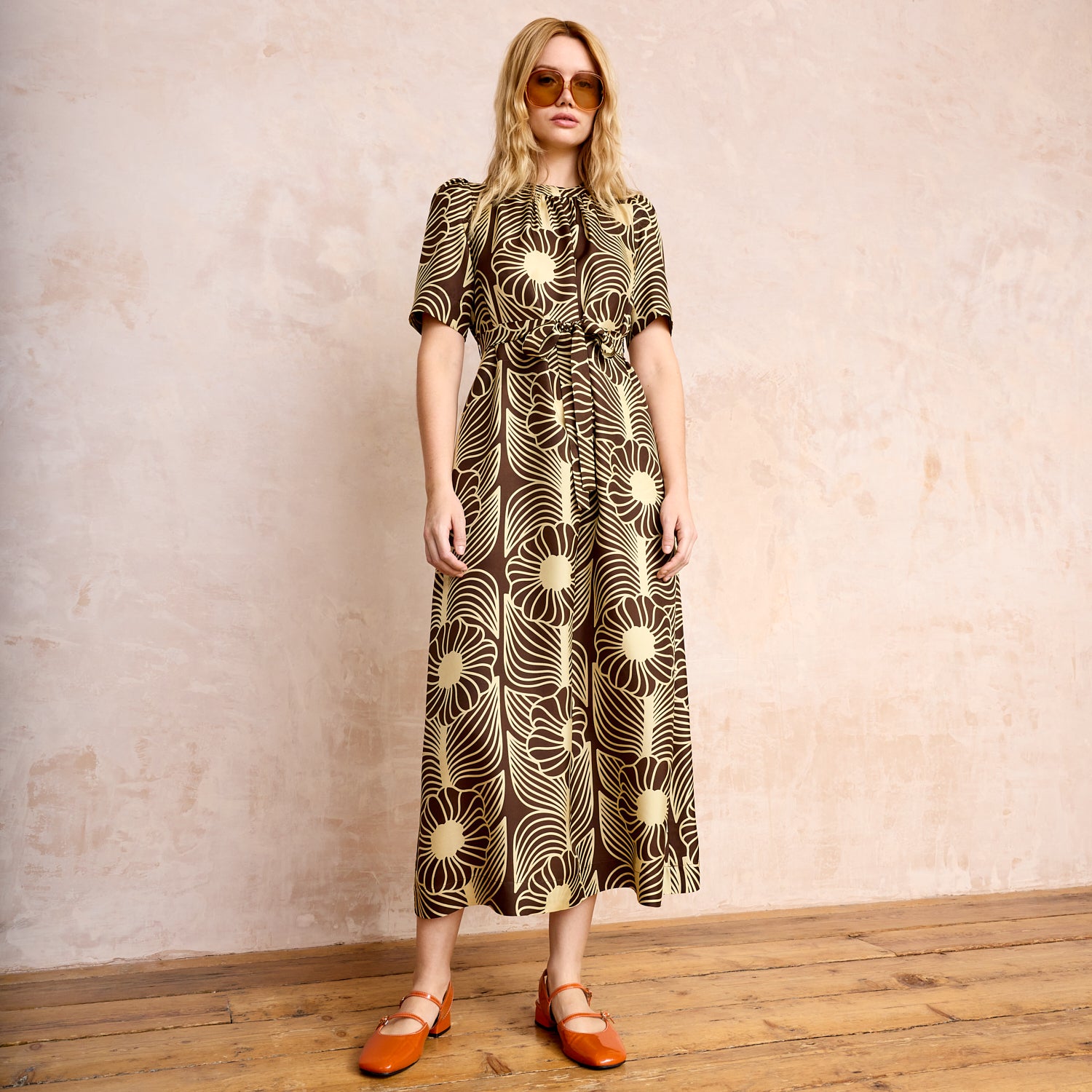 Orla Short Sleeve Belted Silk Dress Moonflower Walnut