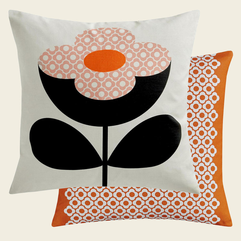 Front and back view of Orla Kiely buttercup stem persimmon cushion
