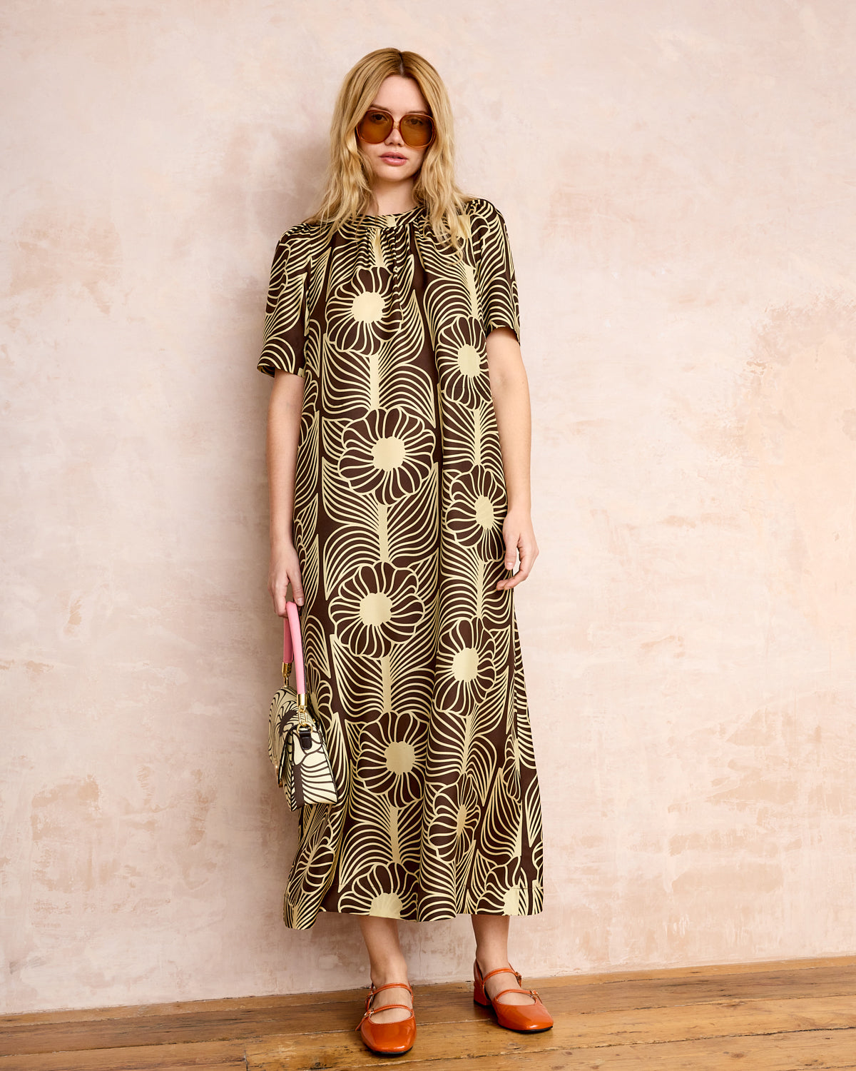 Orla Short Sleeve Belted Silk Dress Moonflower Walnut