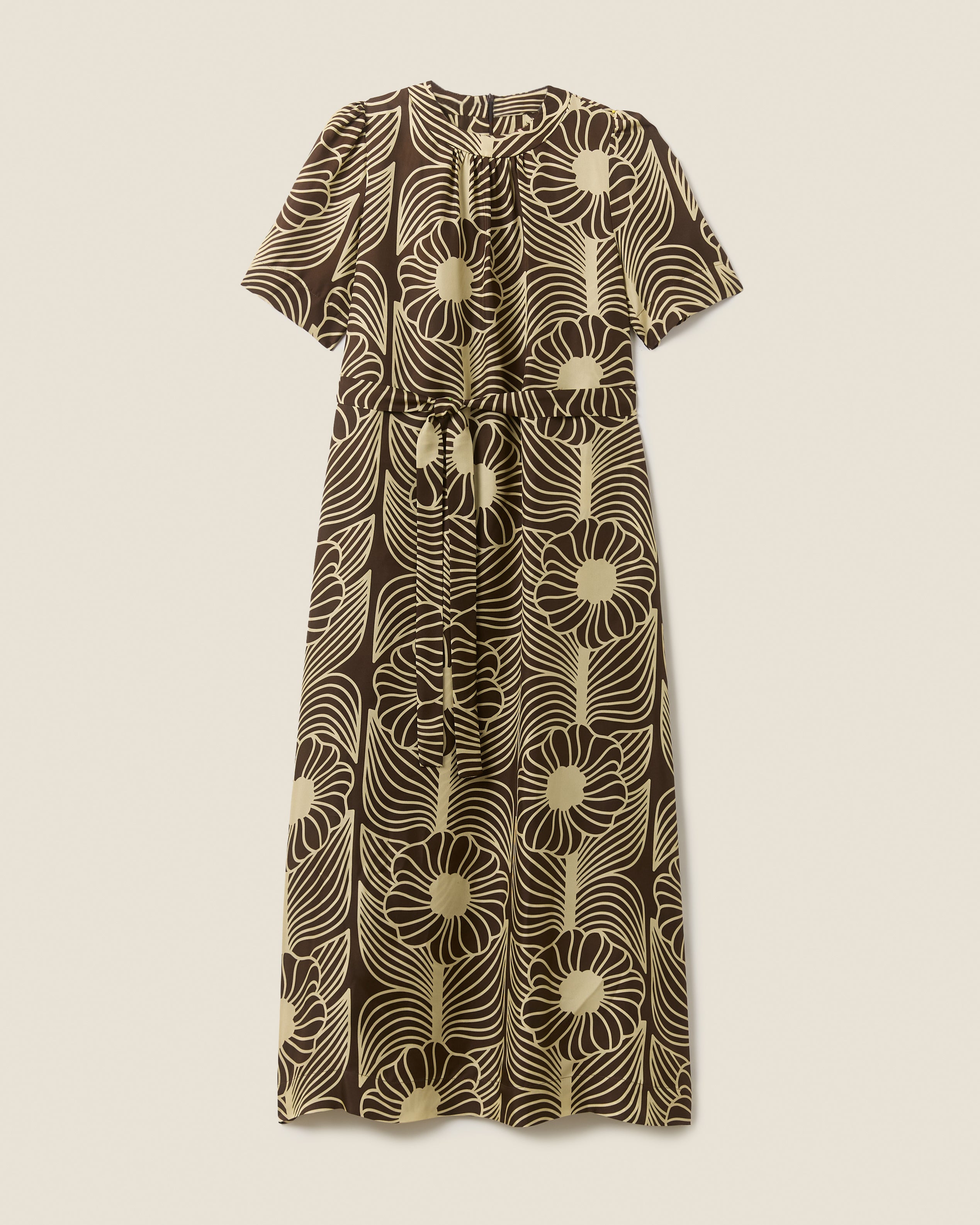 Orla Short Sleeve Belted Silk Dress Moonflower Walnut