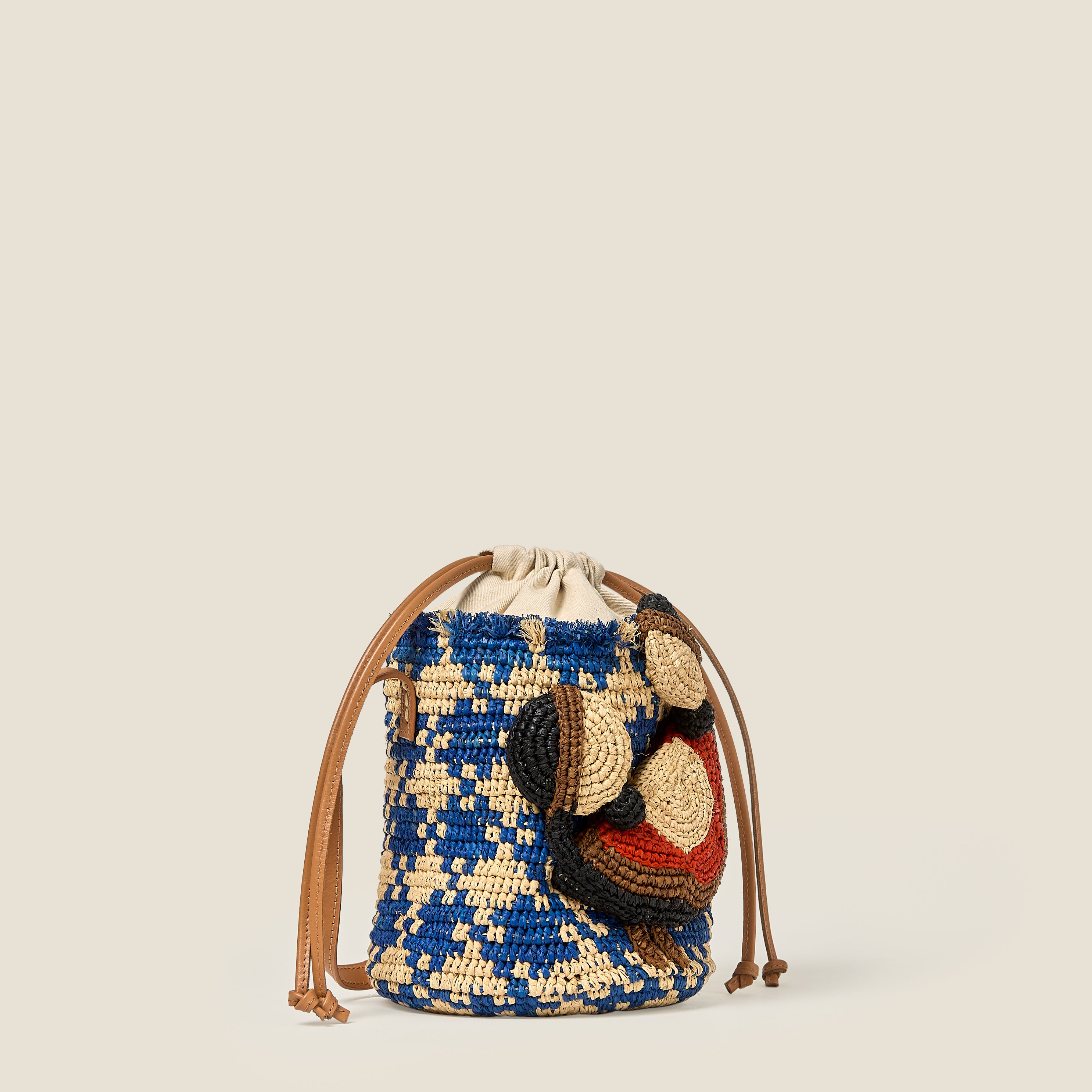 Crab and Houndstooth Raffia Bucket Bag - Sea Blue