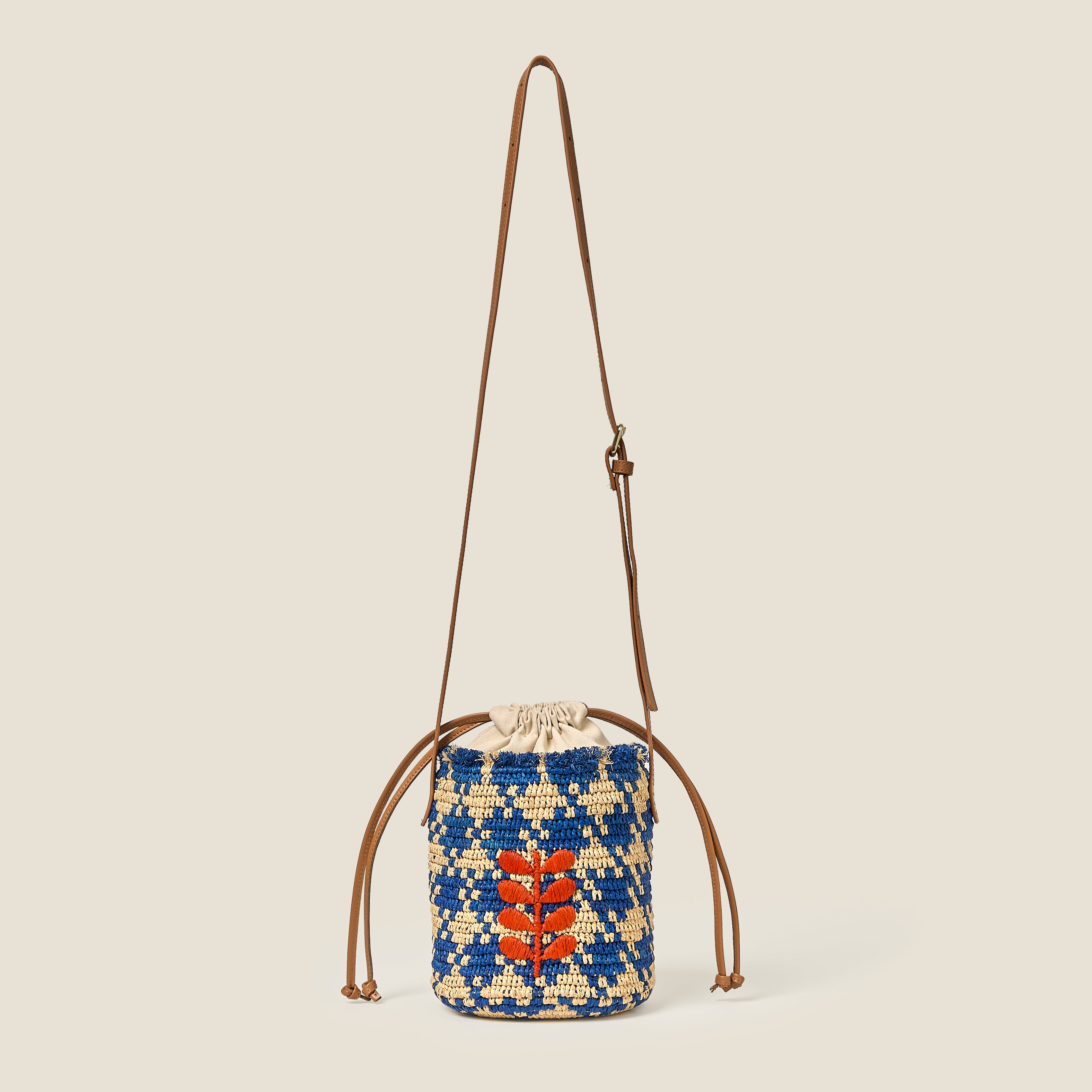 Crab and Houndstooth Raffia Bucket Bag - Sea Blue