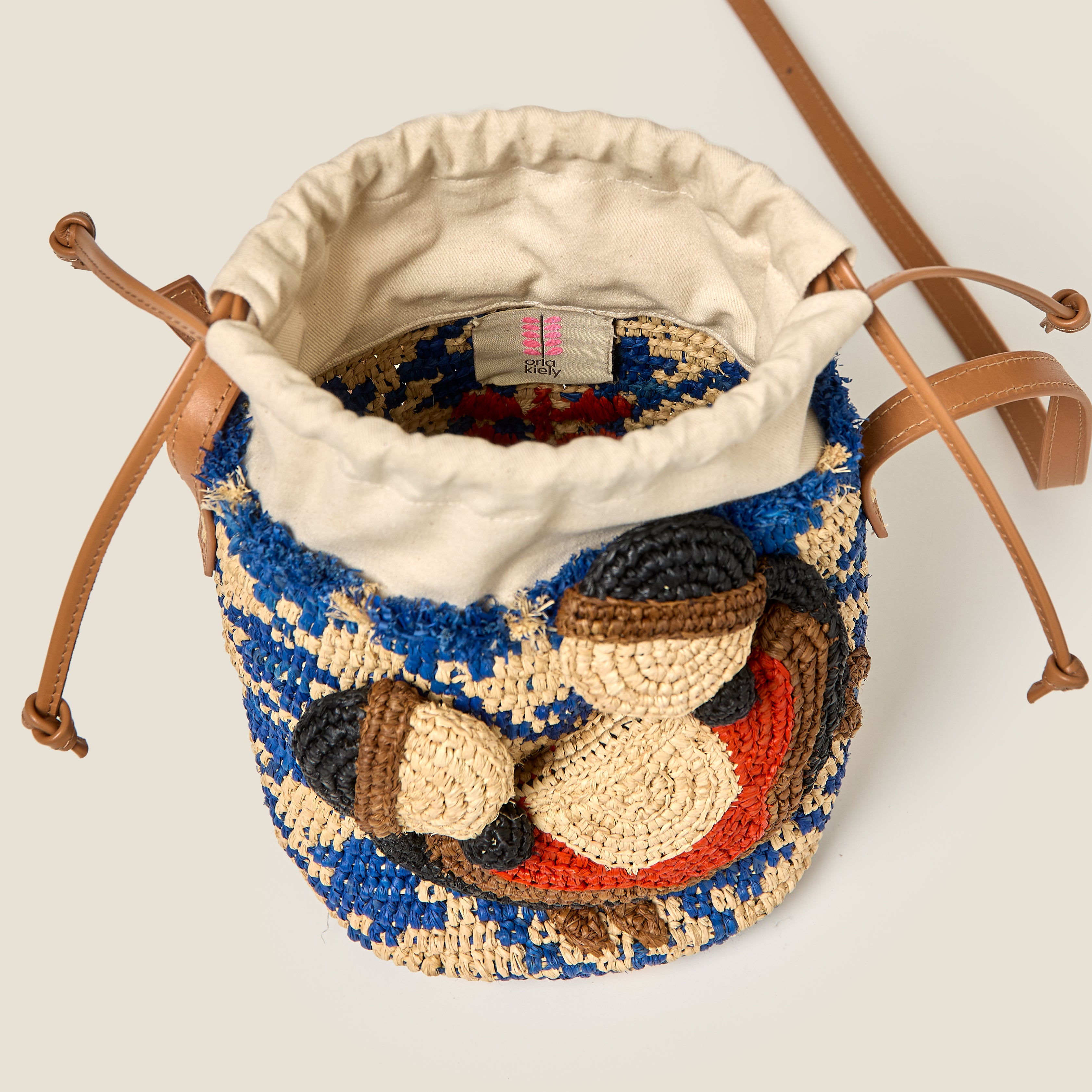 Crab and Houndstooth Raffia Bucket Bag - Sea Blue