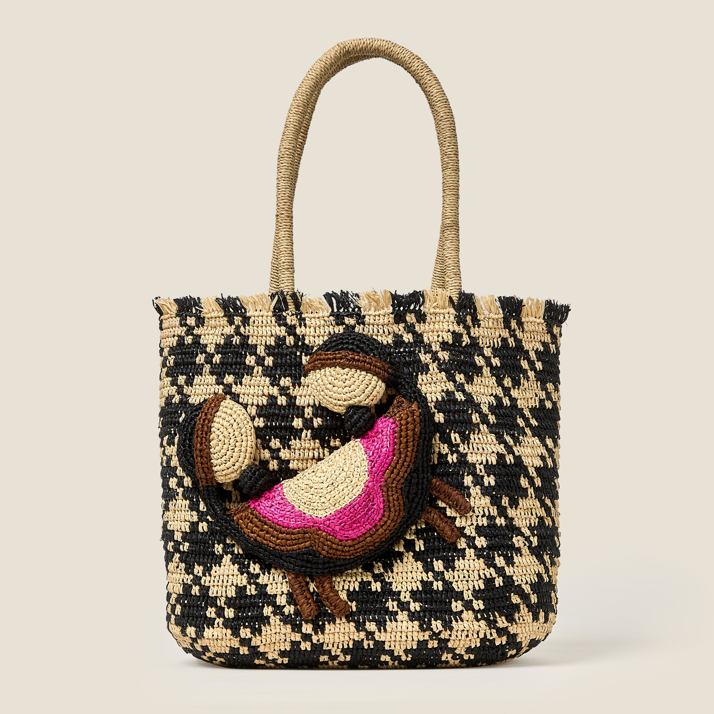 Crab and Houndstooth Raffia Tote Bag - Monochrome
