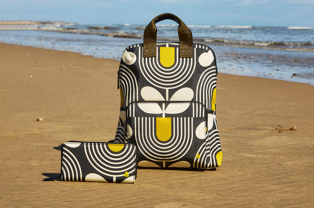 Bestie Backpack and Forget Me Not Wallet in Giant Striped Tulip Noir pattern by Orla Kiely