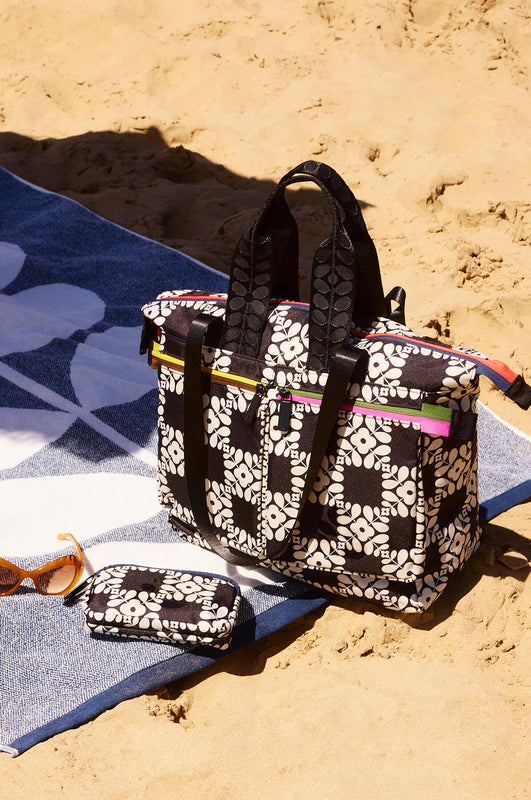 Axis Tote and Iota Purse in Lattice Flower Tile Onyx pattern by Orla Kiely