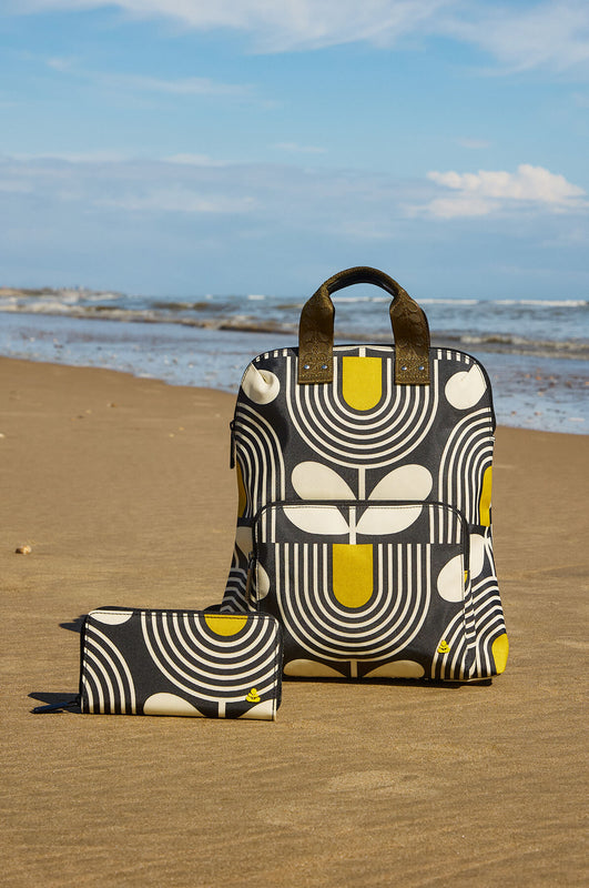 Bestie Backpack and Forget Me Not Wallet in Giant Striped Tulip Noir pattern by Orla Kiely