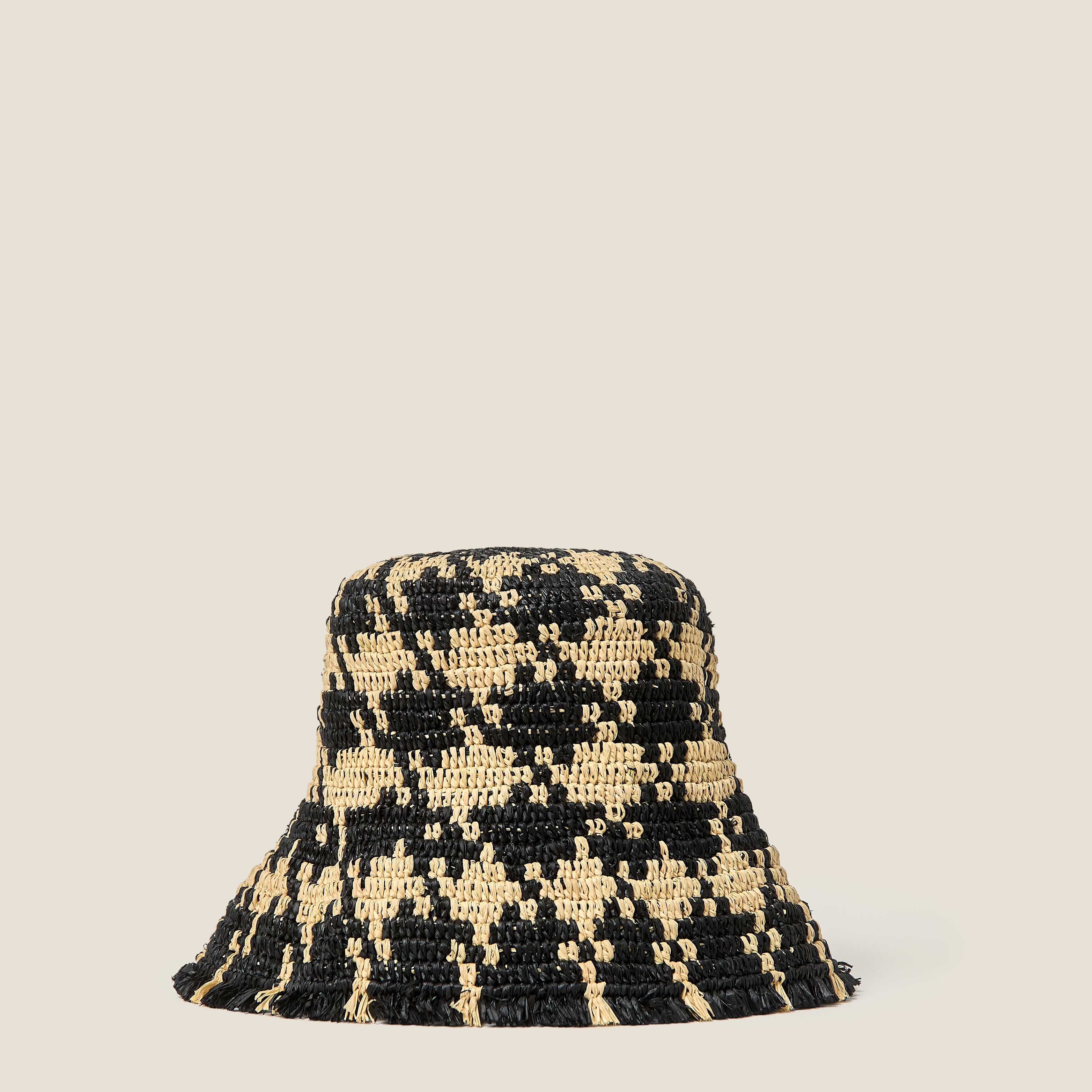 Houndstooth Raffia Bucket Hat - Monochrome