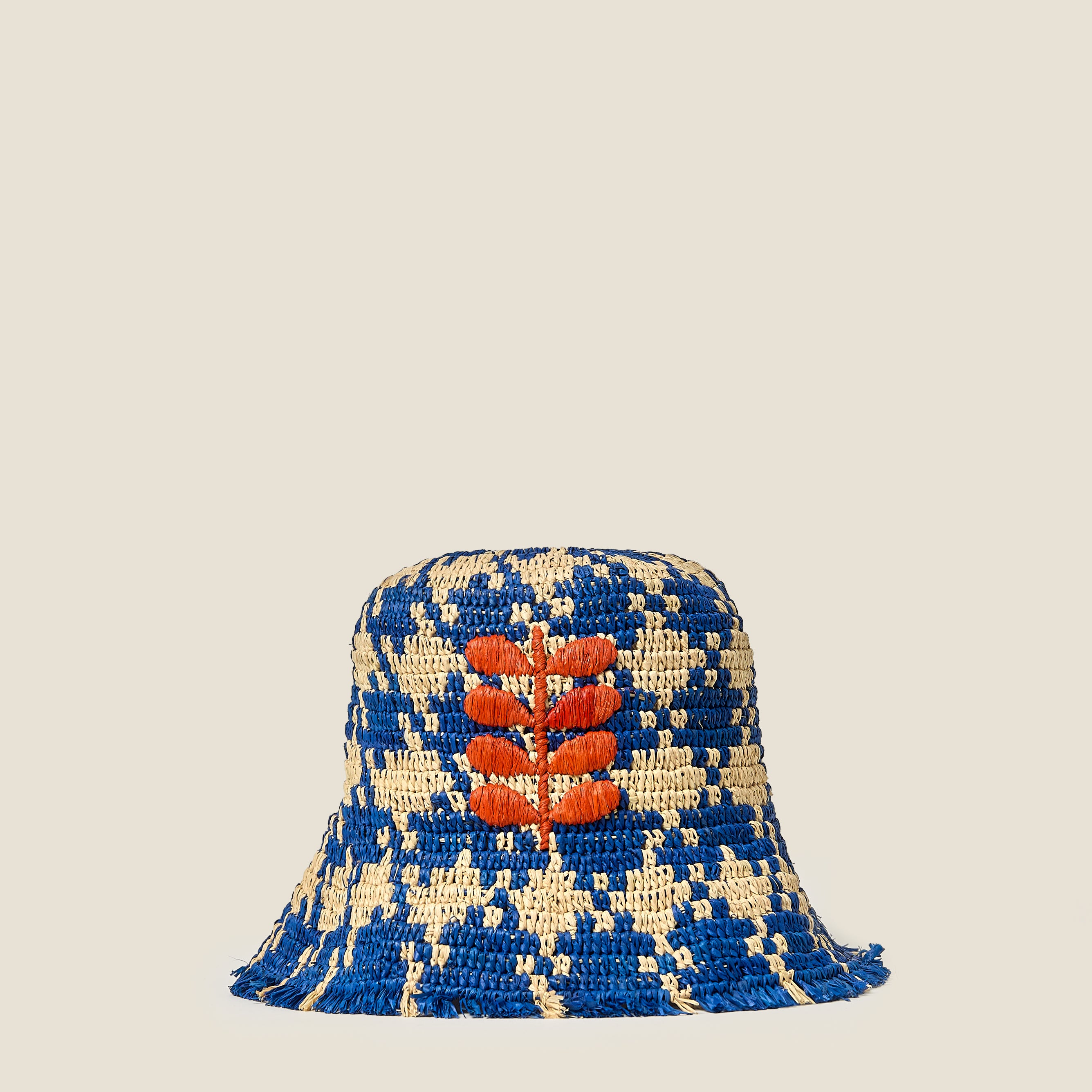Houndstooth Raffia Bucket Hat - Sea Blue