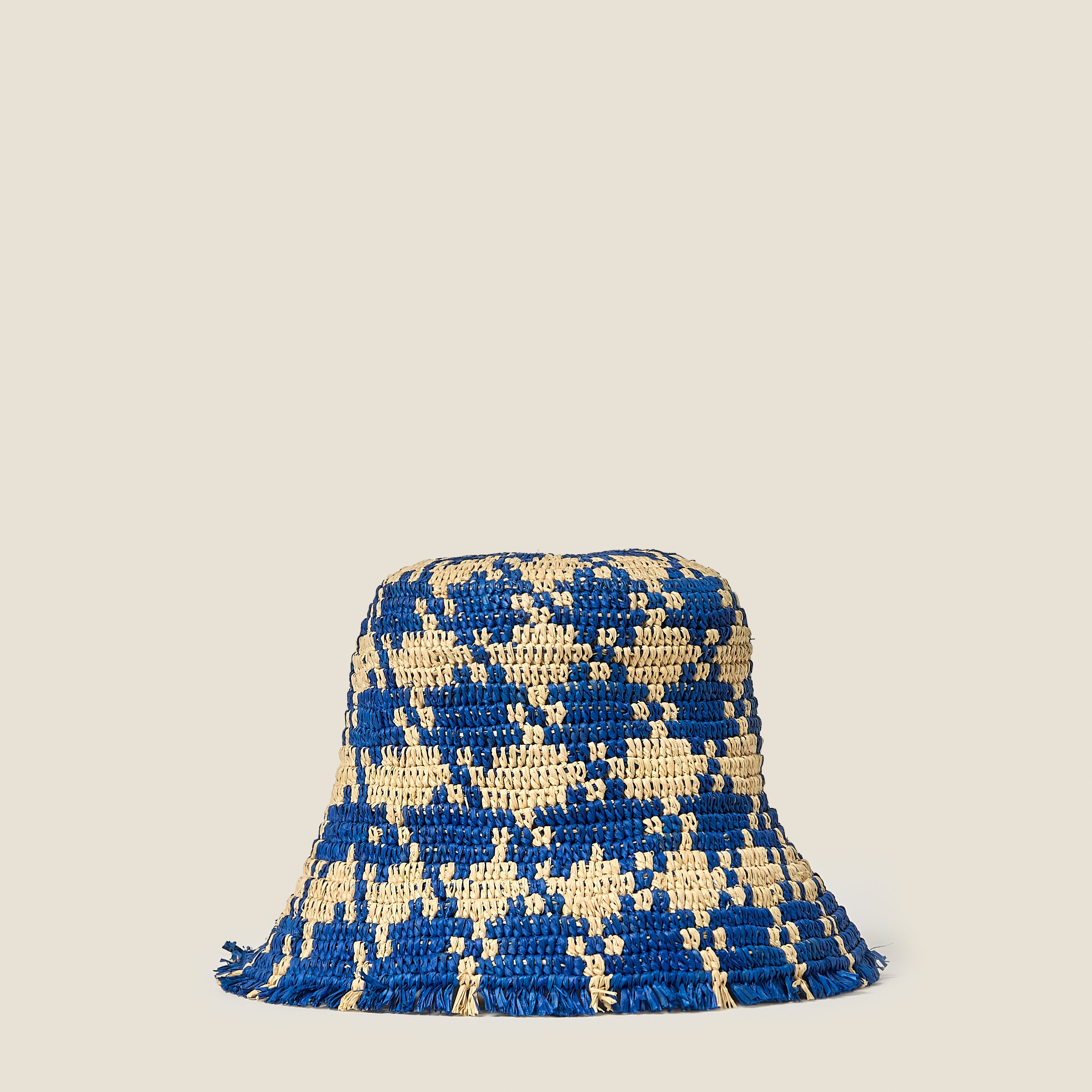 Houndstooth Raffia Bucket Hat - Sea Blue