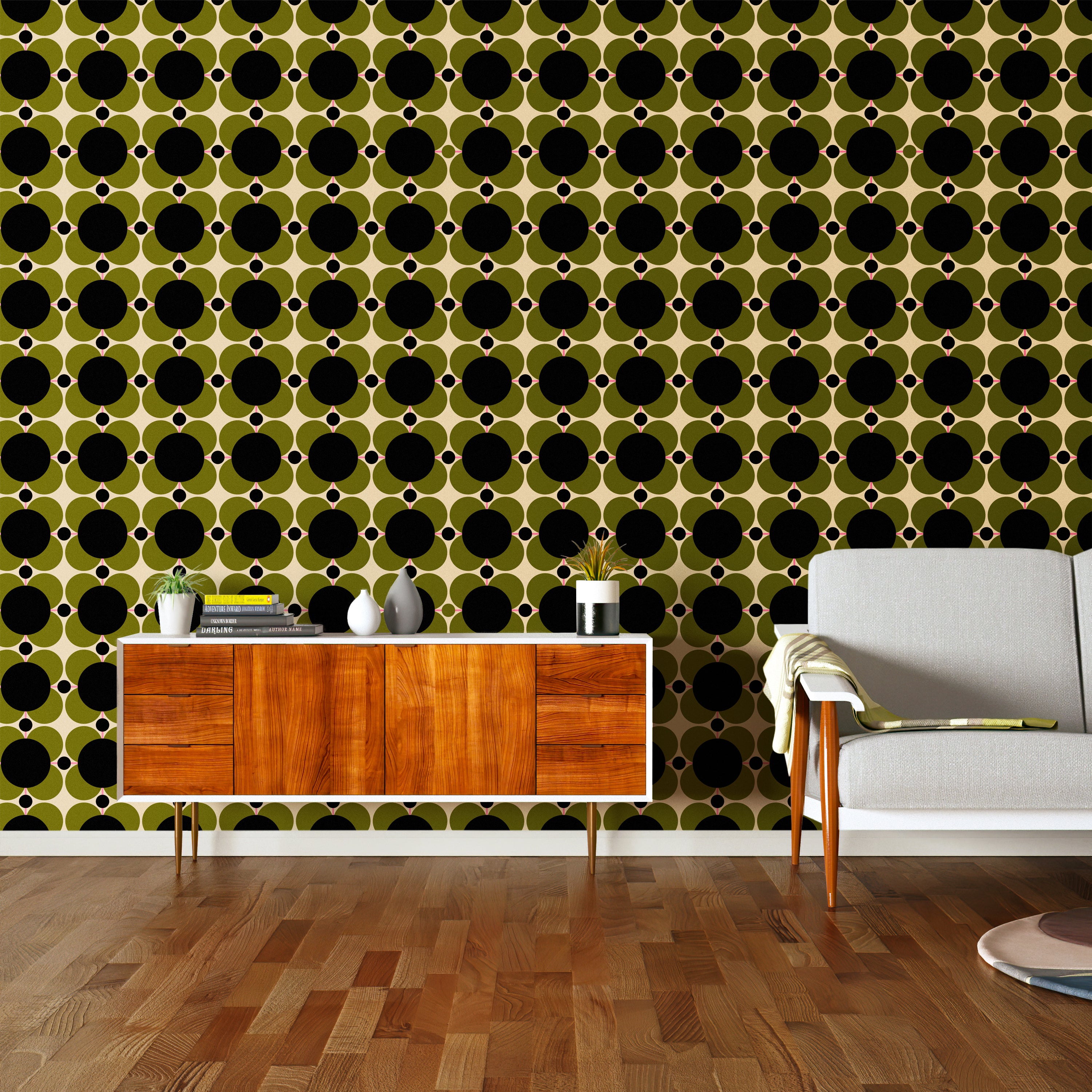 Atomic Flower Wallpaper Khaki Green - 70cm x 10m | Orla Kiely