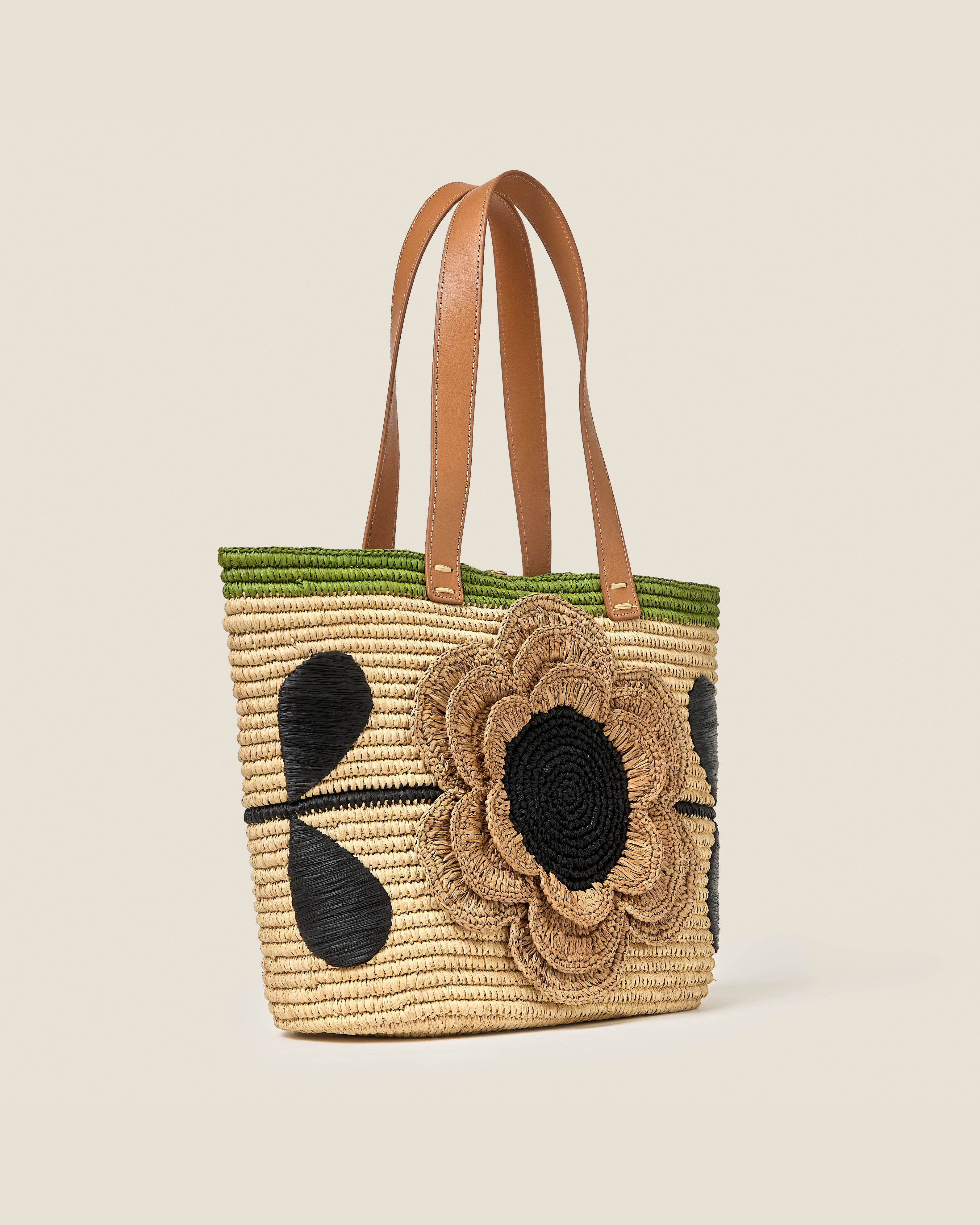 Stem Flower Monday Raffia Tote Bag - Natural