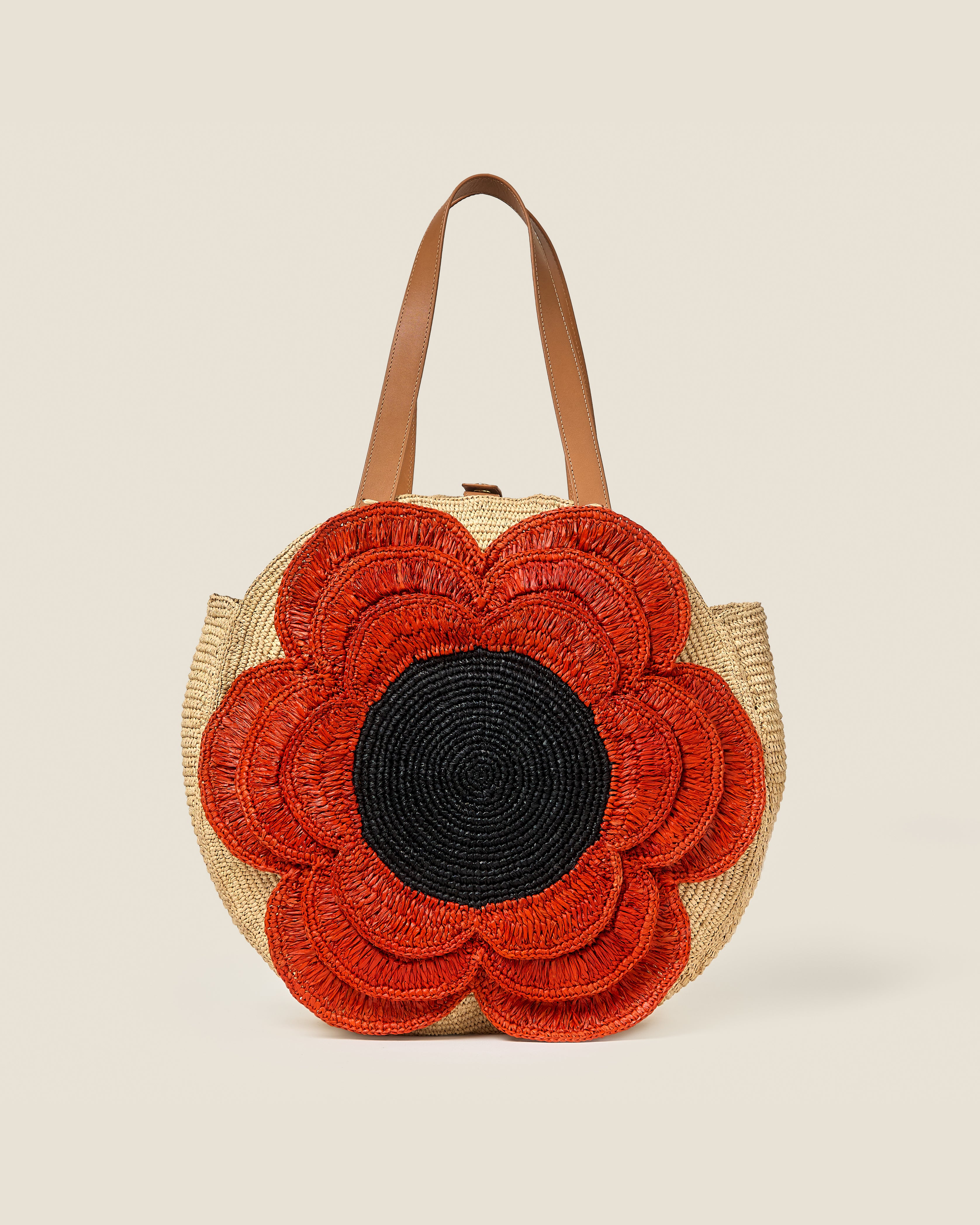 Petal Flower Round Raffia Tote Bag - Clementine