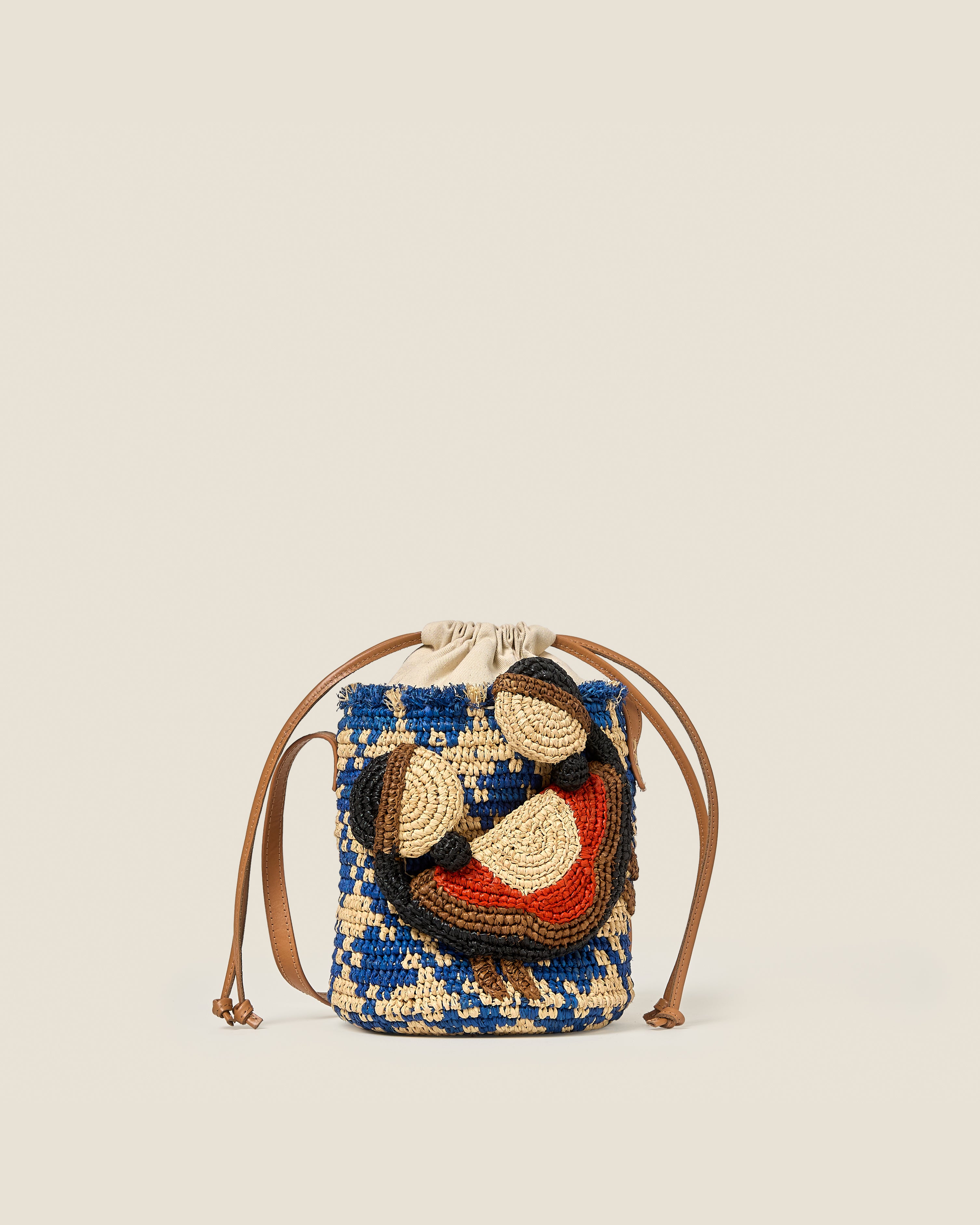 Crab and Houndstooth Raffia Bucket Bag - Sea Blue