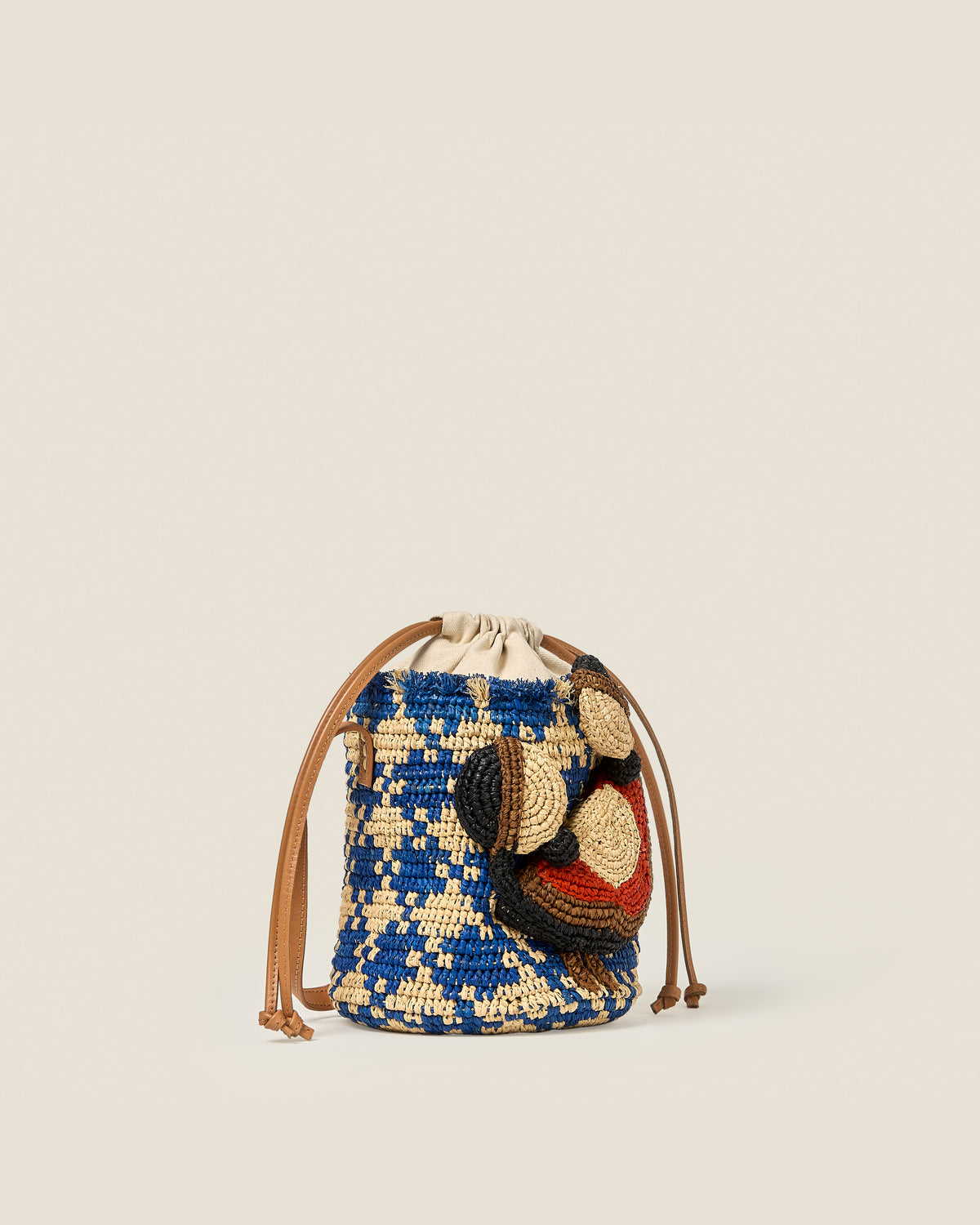 Crab and Houndstooth Raffia Bucket Bag - Sea Blue