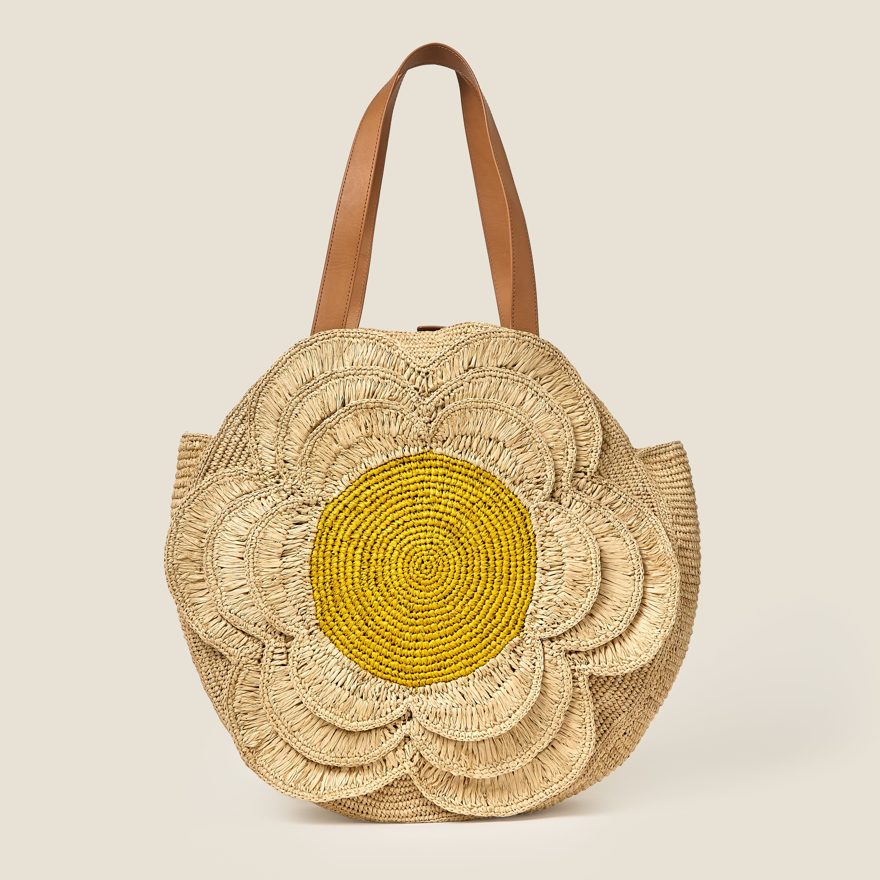 Petal Flower Round Raffia Tote Bag - Natural