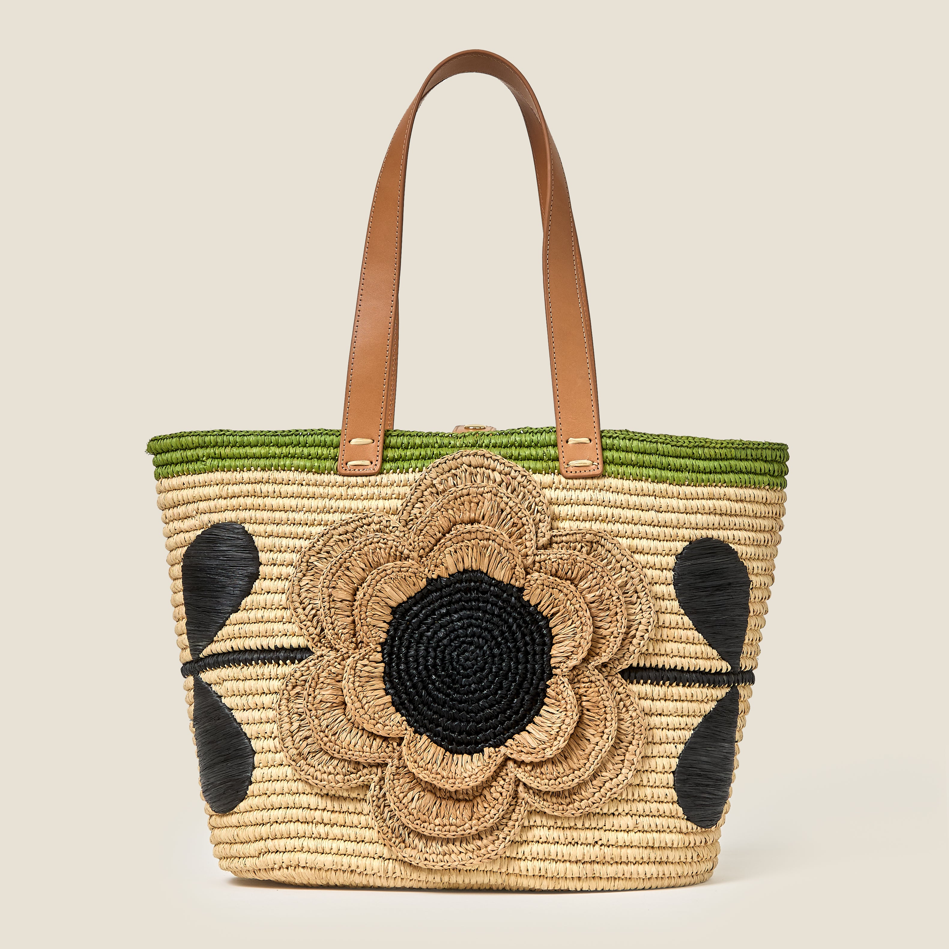 Stem Flower Monday Raffia Tote Bag - Natural