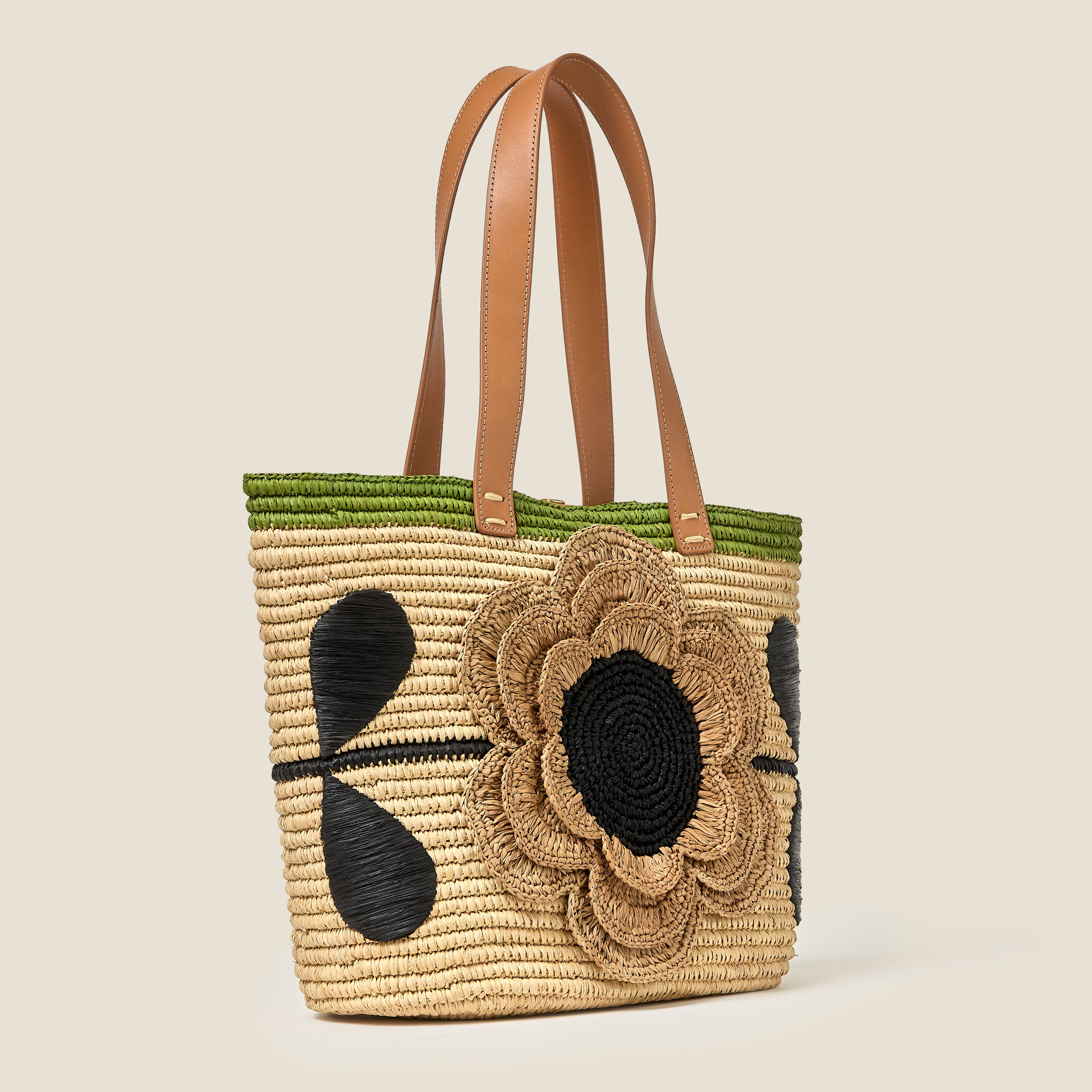 Stem Flower Monday Raffia Tote Bag - Natural