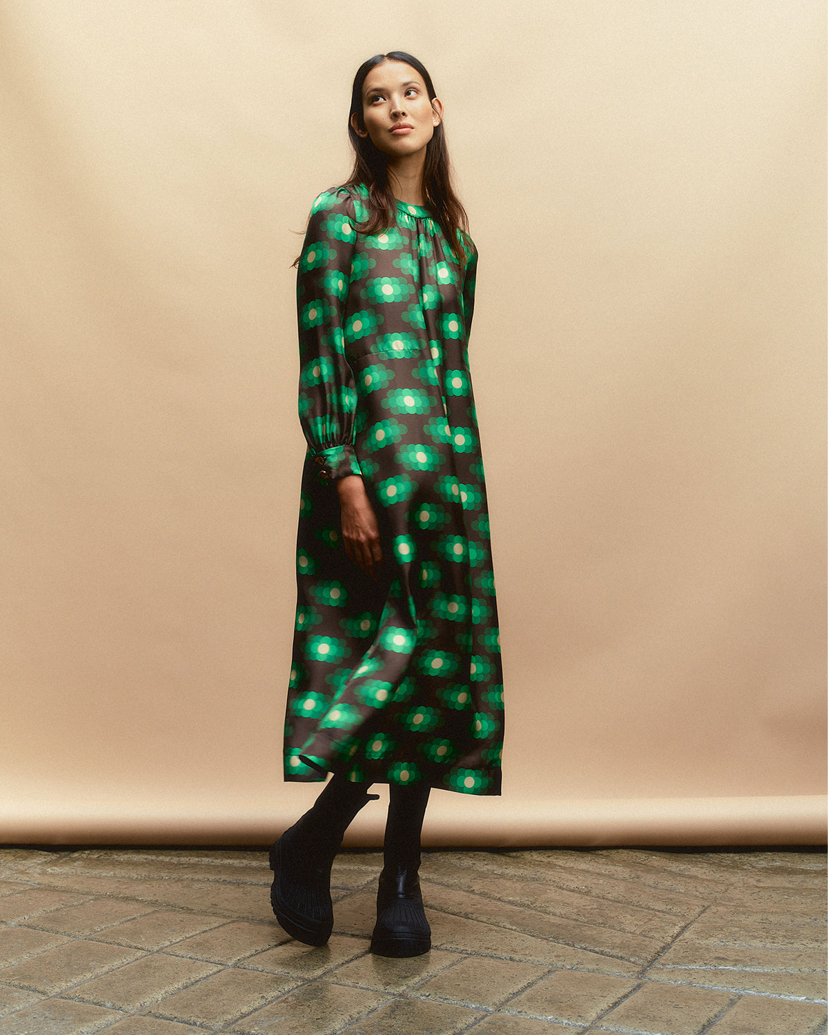 Orla Long Sleeve Midi Silk Dress - Flower Haze
