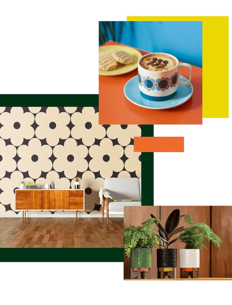 Collage of Orla Kiely patterned, colourful homeware