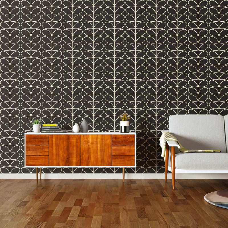 Linear Stem Charcoal Wallpaper in Grey by Orla Kiely