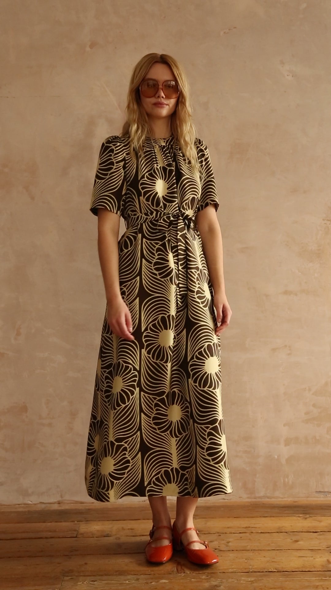 Orla Short Sleeve Belted Silk Dress Moonflower Walnut