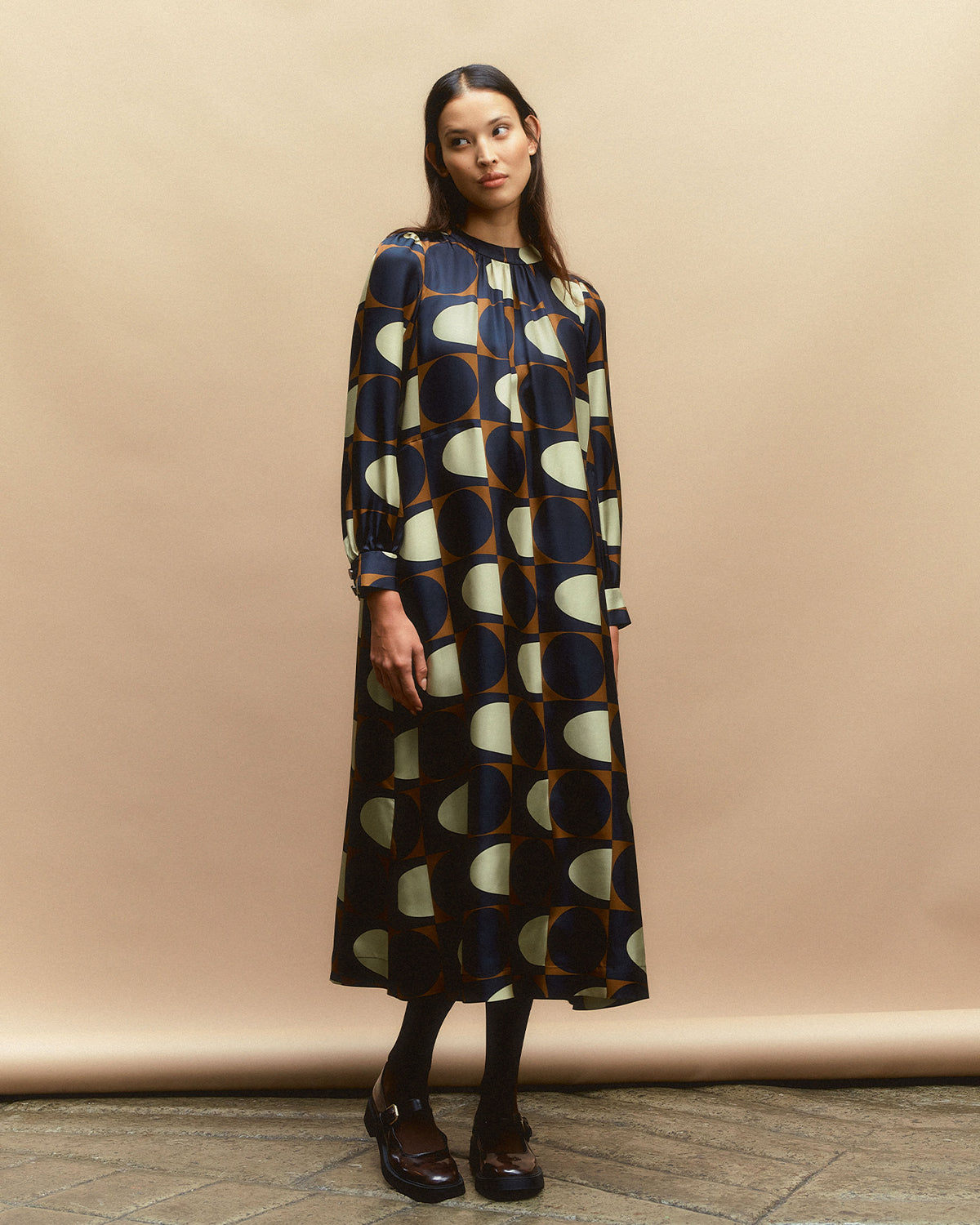 Orla Long Sleeve Midi Silk Dress - Giant Spot Square Mocha